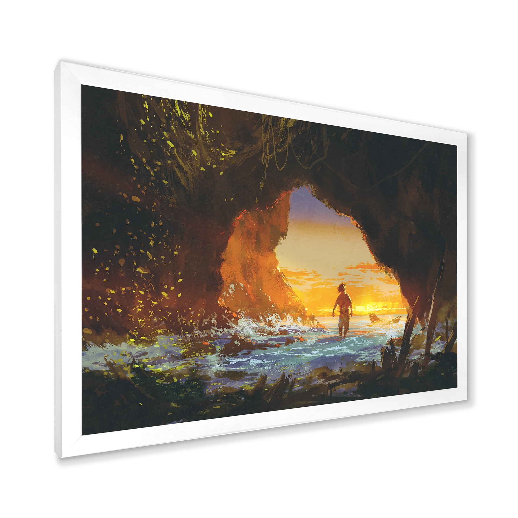 Designart 'The Sea Cave At Sunset With The Man Walking In' Nautical & Coastal Framed Art Print