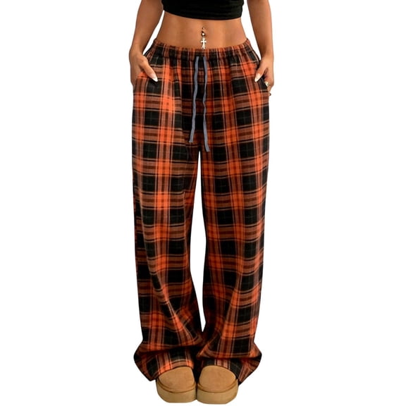 Kilaqueen Pants for Women Plaid Drawstring Elastic Waist Straight Leg Pants with Pockets Casual Trendy Comfy Loose Fit Baggy Pants