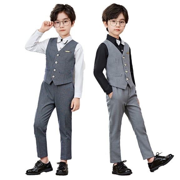 YTDSCS Toddler Kids Boys Formal Dress Suit Set Youth Slim Solid Color Vest and Pants and Dress Shirt and Bowknot 4PCS Spring Fall Gentleman Outfit 1-14 Years