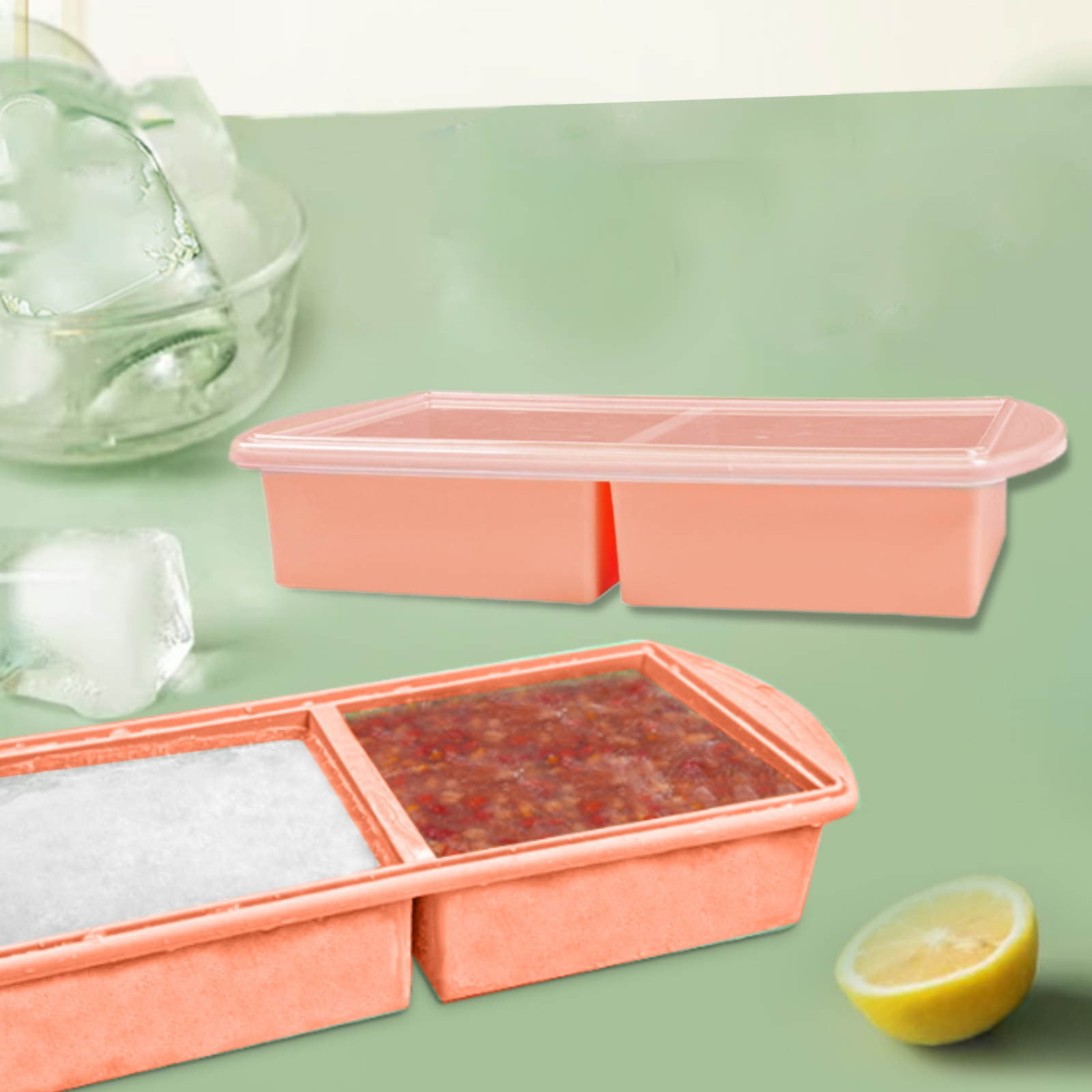 Eqslft 1-Pack Silicone Freezer Tray with Lid for Soup Ice Cubes, 2-Cup Large Ice Cube Tray - Soup Broth Sauce Meal Portion Freezer Storage Containers(Orange)
