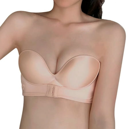 

Womens Padded Bra Gather Strapless Bra Women Super Push up Bra Sexy Lingerie Invisible Brassiere with Adjustable Shoudler Front Closure Bras