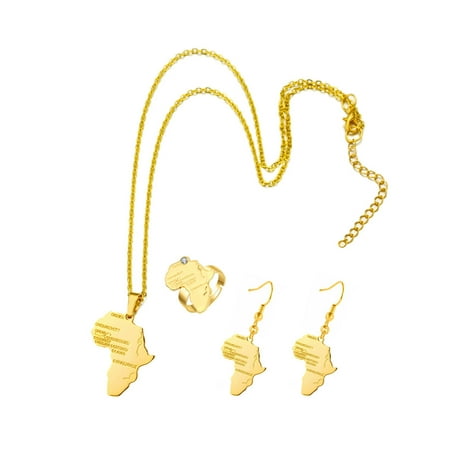 

HOTYA Gold Plated Necklace/Ring/Earrings Set Africa Map Hypoallergenic Stylish Jewelry