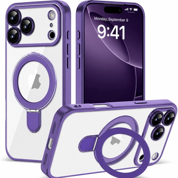 ELEHOLD Plating Magnetic Case for iPhone 18 Pro With Camera Lens Protector, Transparent Clear Ring Kickstand Cover Compatible with Mag Safe Accessory,Darkpurple