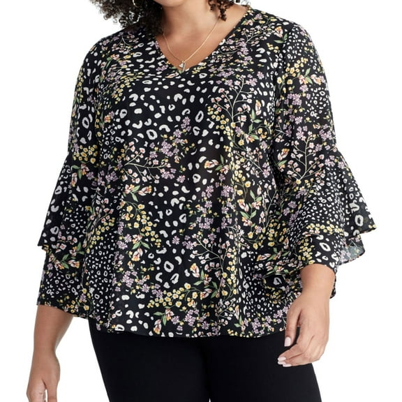 Rachel Roy Womens Floral Ruffled Blouse, Black, Plus Size, 14W