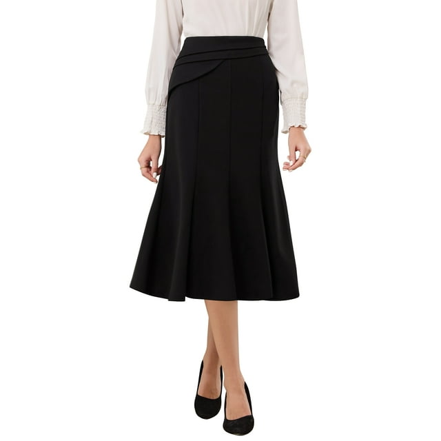 Falda de sirena midi para mujer Inspire Chic, con cintura alta elástica, faldas de cola de pez, M, negra