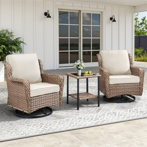 Yeahumalia 3-Piece All-Weather Wicker Patio Set with Swivel Rocker Chairs & Rattan Side Table, Outdoor Furniture for Deck, Porch, Garden, Yellow/Beige