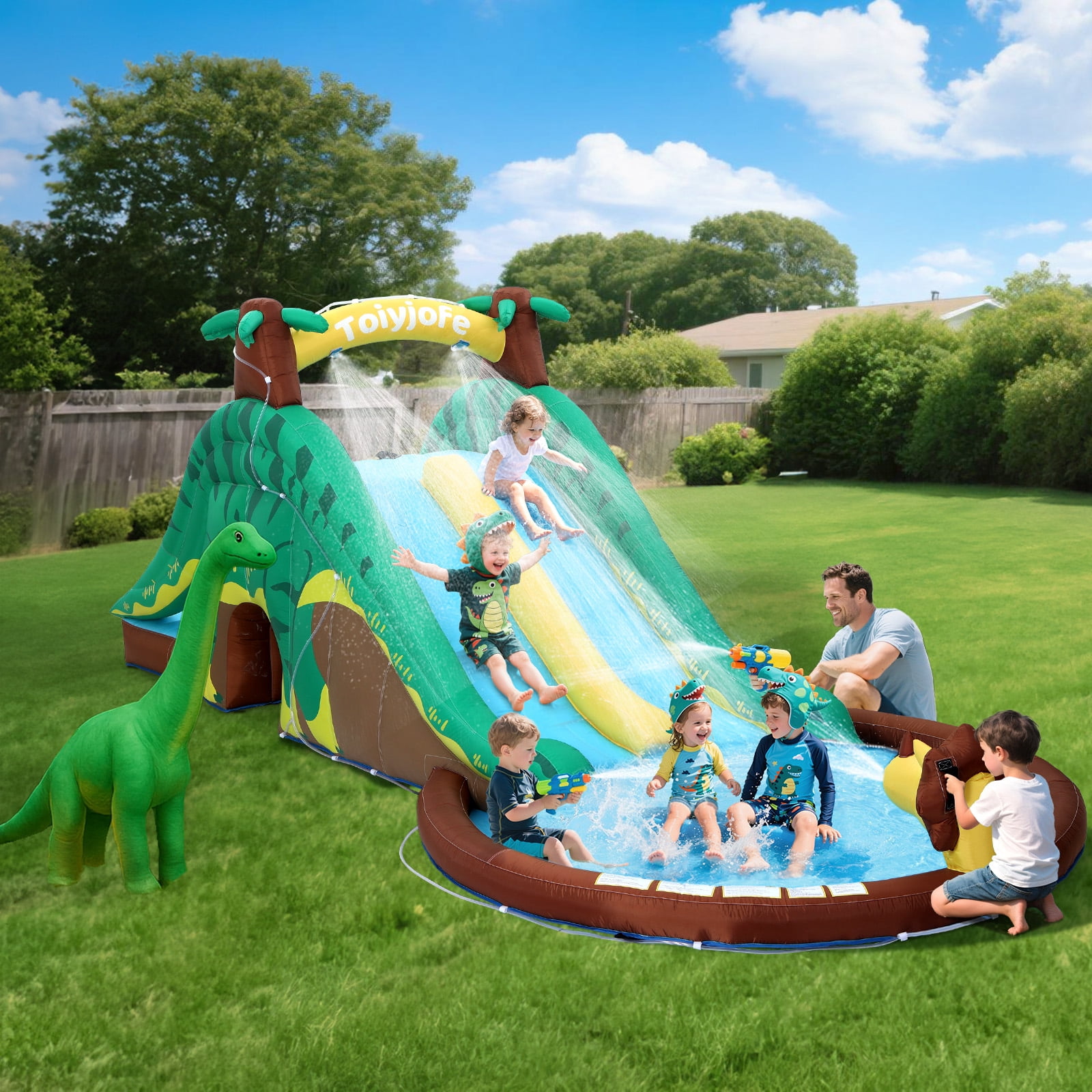Toiyjofe Dinosaur Inflatable Water Slide for Kids, 19FT Long, Dual Slides with Splash Pool, Climbing Wall & GFCI Blower, Outdoor Backyard Water Park
