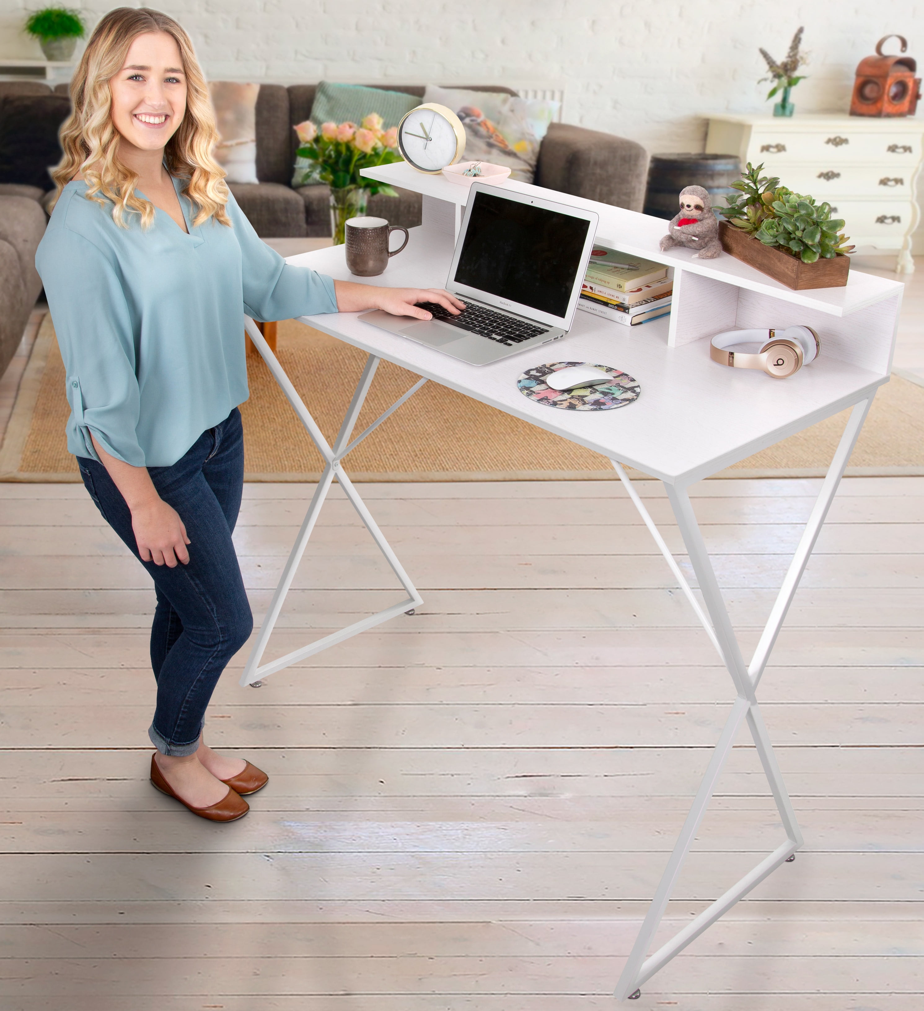 Free Shipping Stand Steady Joy Standing Desk Pretty Standing Desk with Shelf Built in Storage Cubbies Modern Stand Up Workstation Tall Desk Reception Table for Home Dorm Office White 48in x 42in Walma...