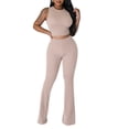 thumbnail image 1 of xiaxaixu Women 2 Piece Outfits Solid Color Ribbed Cropped Tank Tops and Elastic Flared Pants Set Streetwear Aesthetic Clothes, 1 of 6