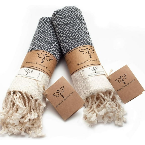 Smyrna Original Turkish Hand Towels Set of 2  100% Cotton, 16 x 40 Inches  Decorative Bathroom Peshtemal Towel for Hand, Face, Hair, Gym, Yoga, Tea, Dishcloth, Kitchen and Bath Dark Gray