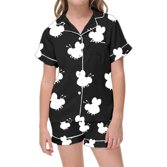 Pyjama Fille World Bee Day Cartoon Print Summer Satin Pajama Set with Pockets for Kids Toddler Girls Pajamas for Kids Black 6 Years-7 Years
