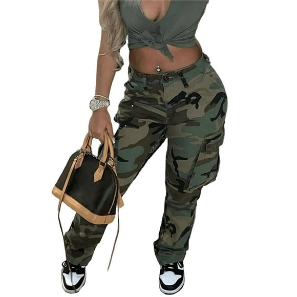 Women's High Waist Straight Leg Multi-Color Camo Utility Pants with Pockets Casual Outdoor Wear Green XL