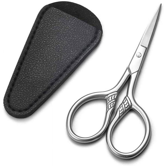 HITOPTY Small Precision Scissors, 3.5inch Stainless Steel Multi-Purpose Vintage Beauty Grooming Kit for Facial Hair, Eyebrow, Eyelash, Beard, Moustache with PU Sheath
