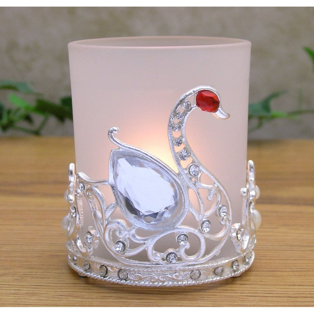 Swan Glass Candle Holder Filigree Silver Metal and Jewel Wedding Favor