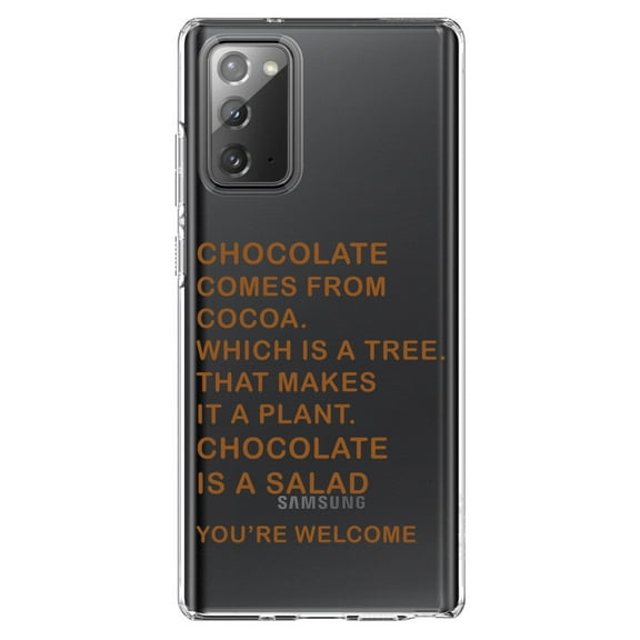 DistinctInk Clear Shockproof Hybrid Case for Samsung Galaxy Note 20 (6.7" Screen) - TPU Bumper Acrylic Back Tempered Glass Screen Protector - Chocolate Comes From Cocoa Is A Salad
