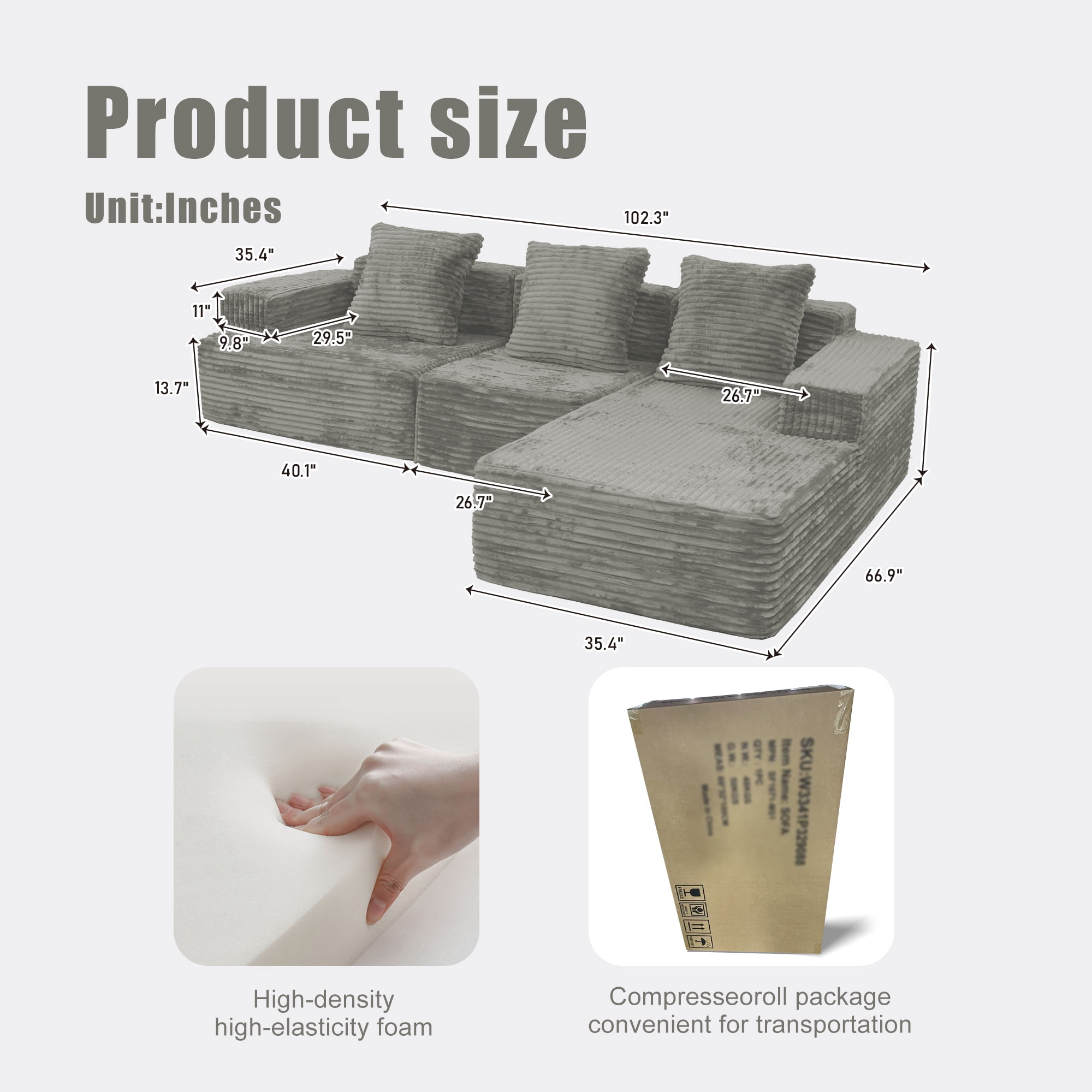 Leumius 102" Cloud Sectional Sofa with L-Shape Chaise,Modular L-Shape Sofa Couch with Chaise and Deep Seat,Upholstered Boneless Couches for Living Room Bedroom,Antique Gray