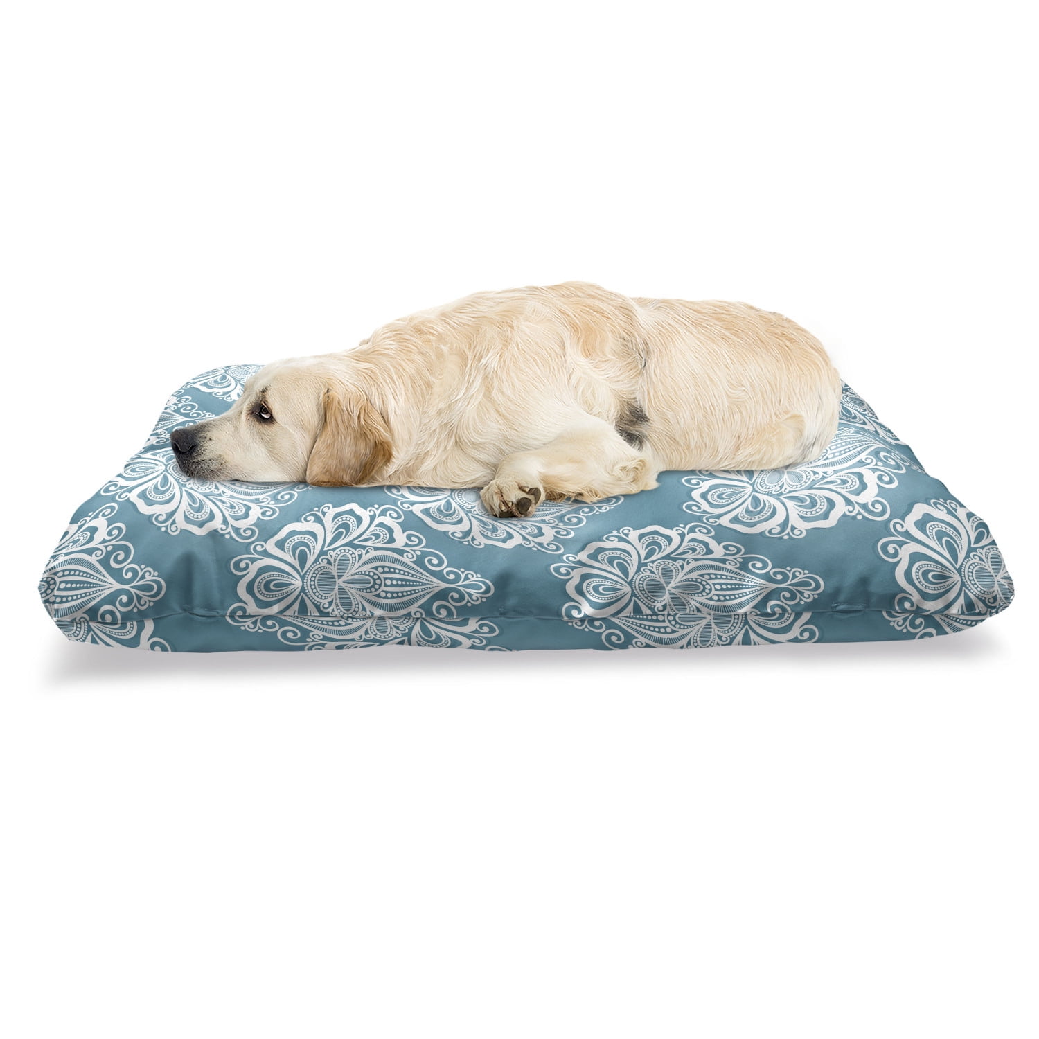 Blue and White Pet Bed, Damask Art Flowers with Baroque Curlicues Victorian Garden Inspiration
