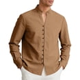 thumbnail image 6 of Maqroz Men's Mandarin Collar Shirt Long Sleeve Button Up Linen Cotton Casual Dress Shirt Solid Color Business Work Office Tops, 6 of 9