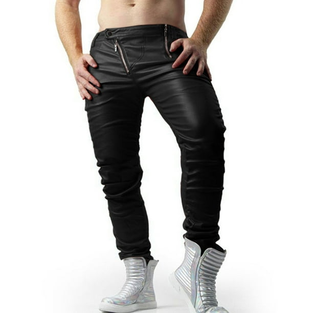 DPTALR Men's Casual And Handsome Solid Color Leather Pants Trousers 