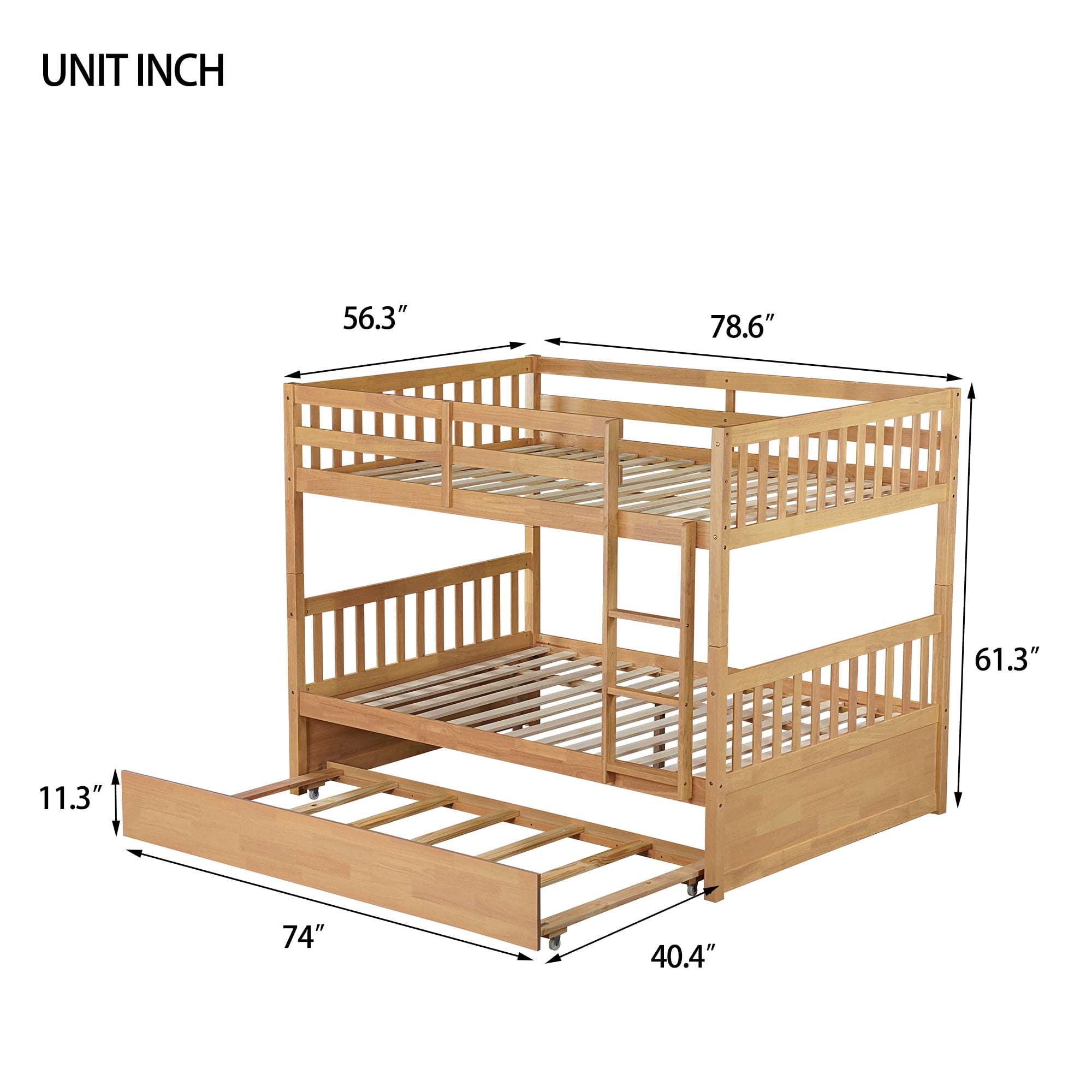 Alvantor Full Over Full Wood Bunk Bed Convertible with Trundle Ladder and Guardrail, Natural
