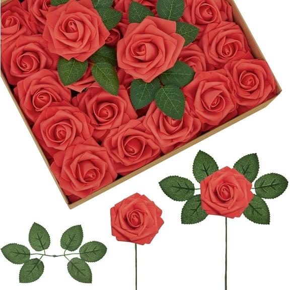 Artificial Rose Flowers, 50 Pcs Red Foam Fake Roses Bulk with Stems for Decoration DIY Wedding Bouquets Centerpieces Bridal Shower Home Party Christmas Tree Decor