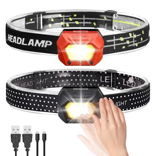 SGODDE 2-Pack Motion Sensor Headlamp, 5 Modes, 45° Adjustable, USB Rechargeable, IPX65 Waterproof for Outdoor, Camping, Cycling, Climbing