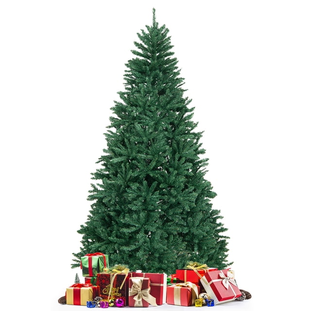 Gymax 7.5 FT Artificial Christmas Tree with 2254 lush branch tips, featuring a full-bodied design with verdant green PVC leaves. The tree is supported by a sturdy crossed metal base with anti-slip footpads for stability. The hinged structure allows for easy assembly and storage. Displayed with wrapped gifts at the base, ideal for holiday decorations in homes, offices, or festive events.