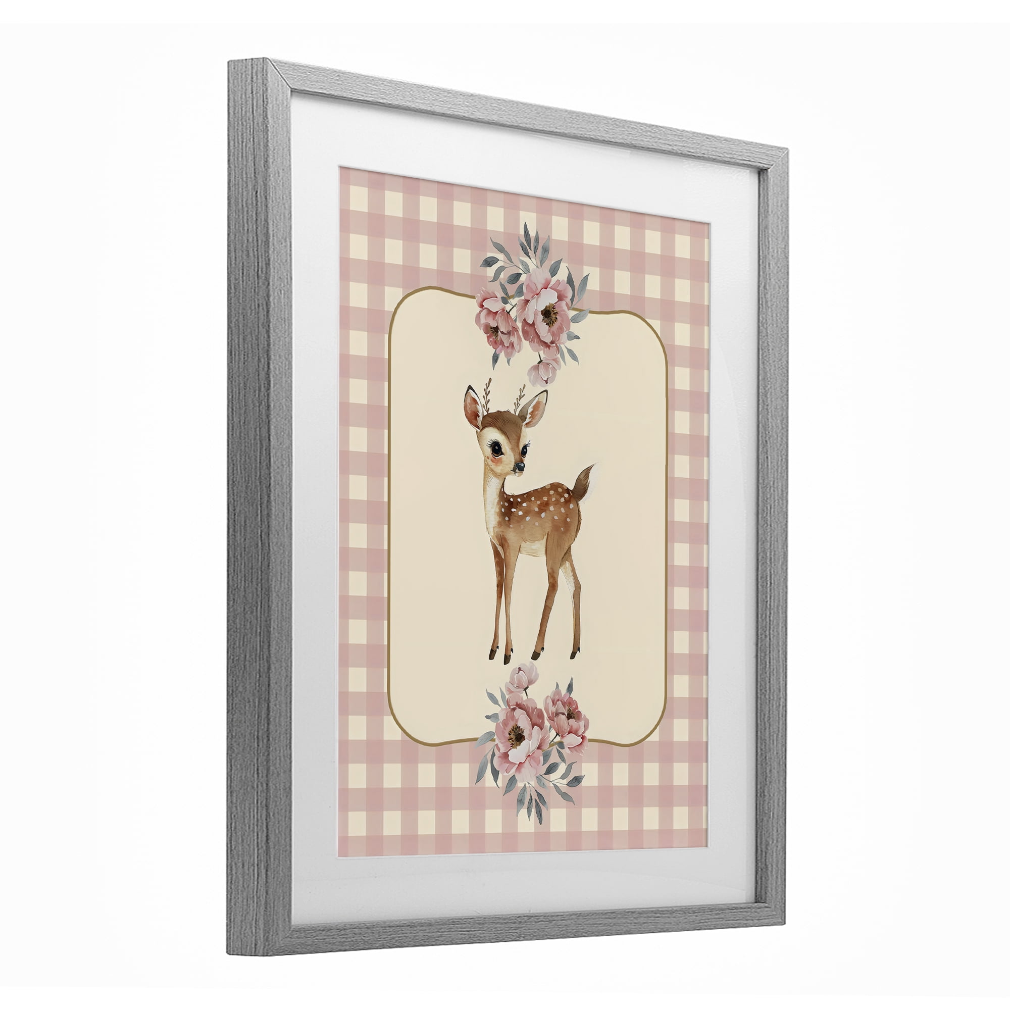Stupell Industries Baby Deer Pink Gingham Gray Framed Print Under Glass, design by LSR Design Studio