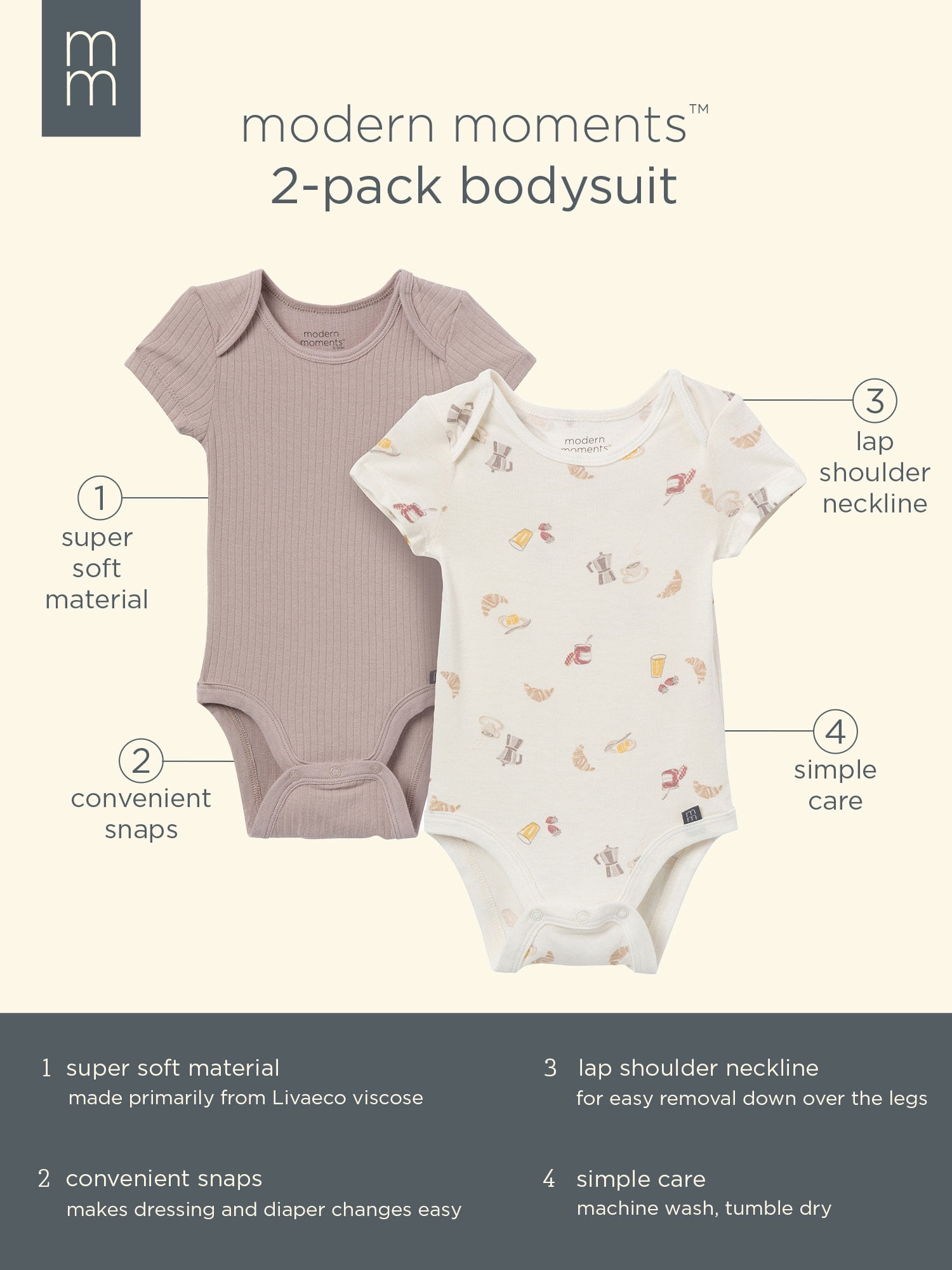 Modern Moments by Gerber Baby Neutral Super Soft Viscose Short Sleeve Bodysuits, 2-Pack, Sizes 0M-12M
