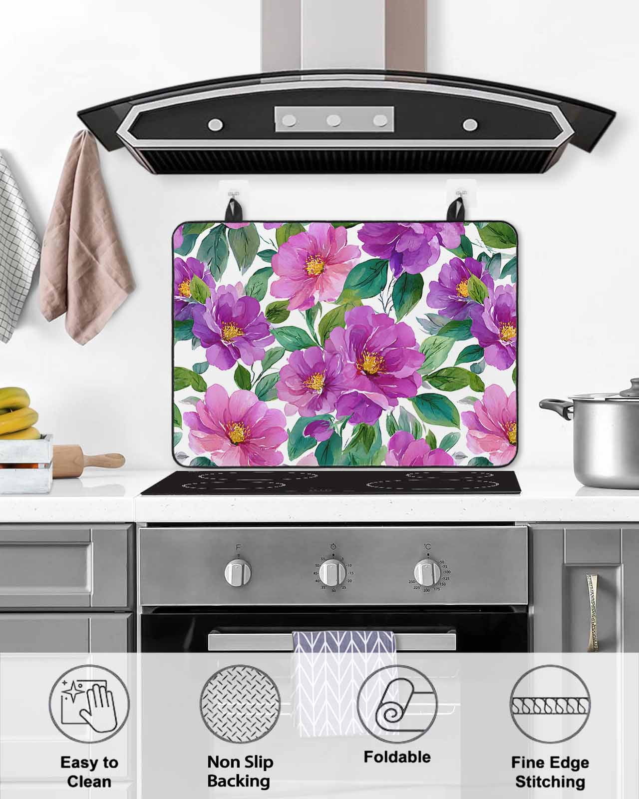 Large Induction Cooktop Protector Mat Purple Flowers Stove Top Covers for Electric Stove, Spring Floral Leaves Botanical Watercolor Decorative Stove Burner Cover Mats, Glass Top Stove Cover