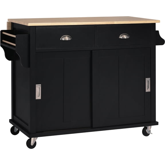 Nmkwnr Kitchen Cart with Wood Countertop and 4 Wheels, Island Table with Cabinet and 2 Drawers, Black