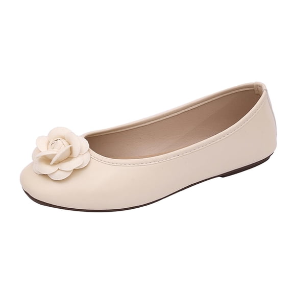 Wensltd Women Solid Color Ballet Flats Soft Soled Comfy Round Toe Flower Decor Shoes