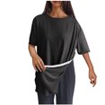 thumbnail image 1 of Timegard Hauts pour Femmes Col Rond Manches Courtes Boutons Latéraux Couleur Unie Confortable Décontracté Blouse Ample Haut, 1 of 8