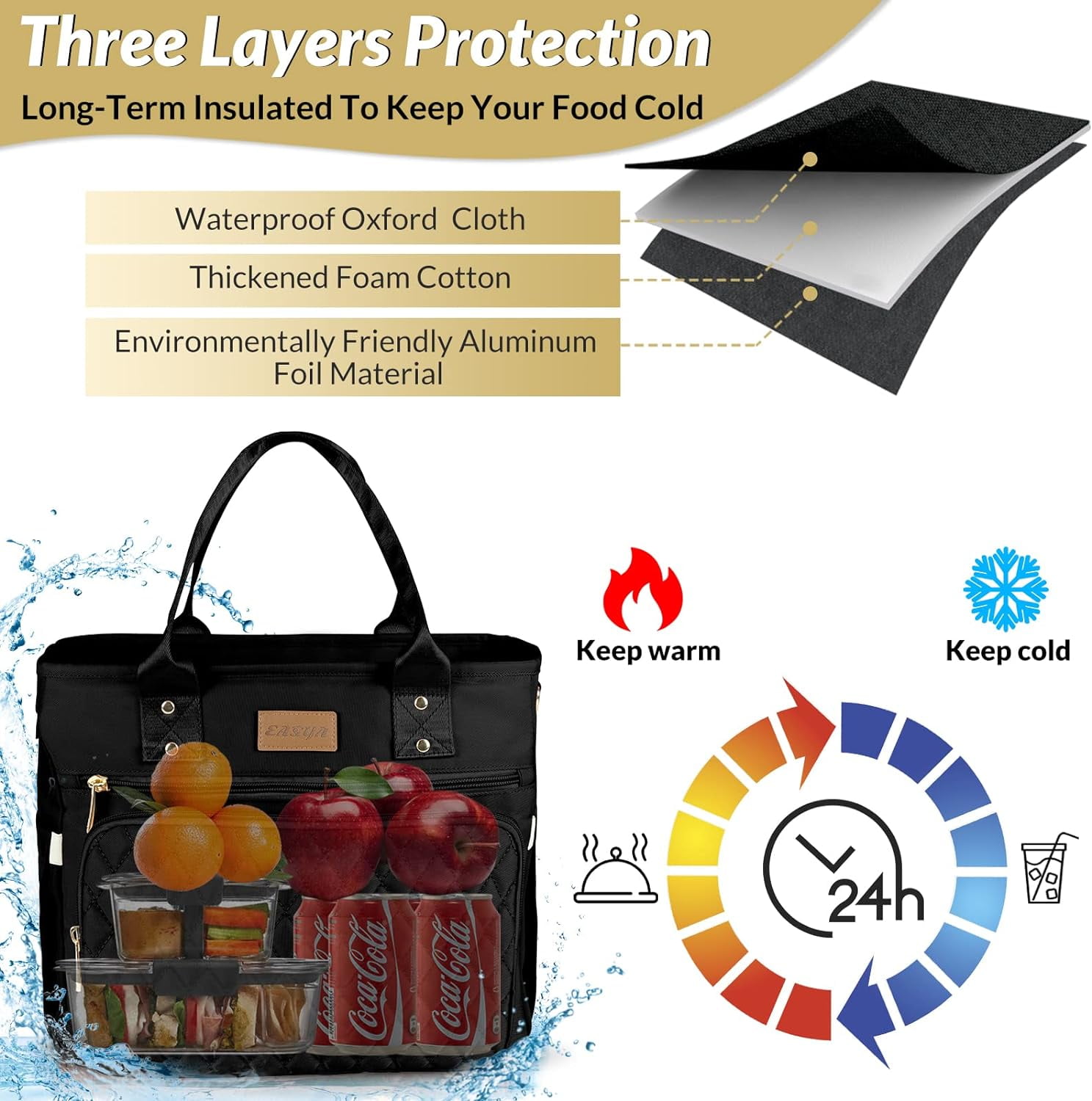 Large Women Lunch Bags for Work Insulated/Insulated Adult Lunch Box for Women/Durable Nylon Thermal Lunch Bag for Women/Leakproof Cooler Lunch Tote Bag with Storage Pocket (Black)