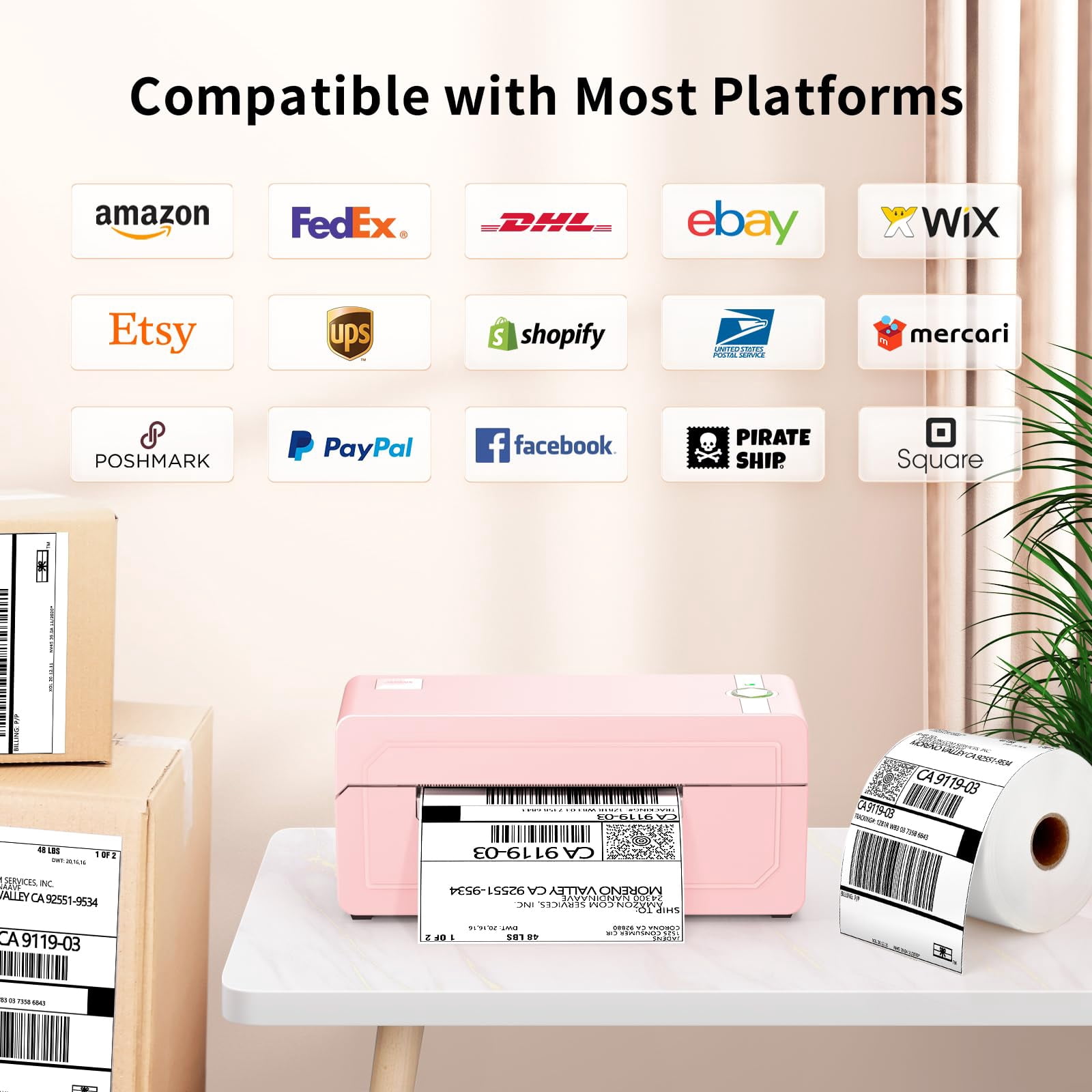 Thermal Shipping Label Printer - Wireless 4x6  Compatible With Android Windows & Widely For Ebay Shopify Etsy Usps(pink)