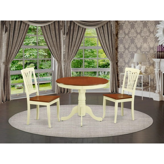 East West Furniture ANAV3-WHI-W 3 -Piece Round Kitchen 36 in. Table and 2 Chairs with Wood seat