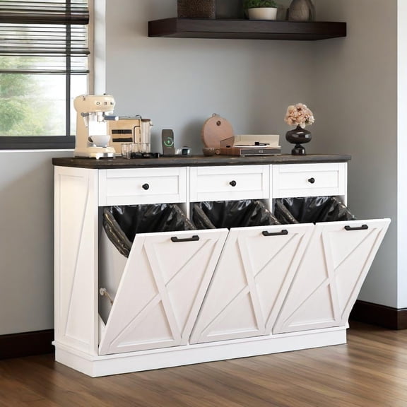 JassmiPkwy Tilt-Out Trash Cabineat, 3x13 Gallons Wooden Kitchen Trash Can Cabinet with Hideaway Drawer, Freestanding Garbage Recycling Cabinets, Pet-Proof, Power Outlets, 59 Inches, White