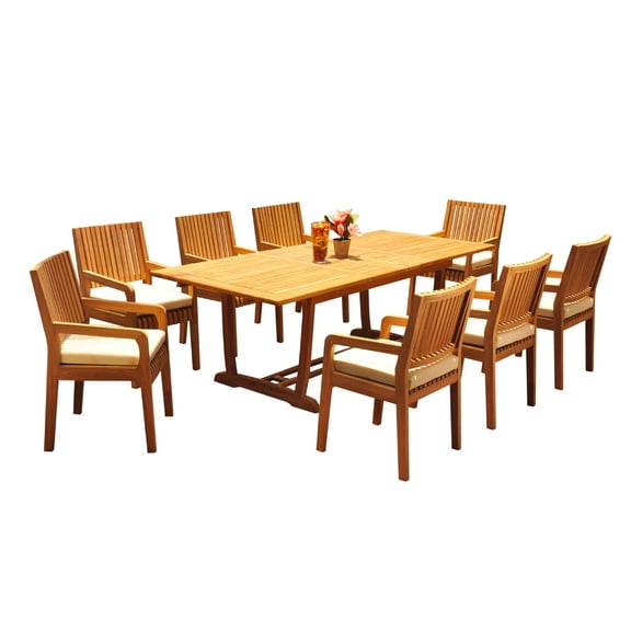 Grade-A Teak Dining Set: 8 Seater 9 Pc: 94" Mas Rectangle Trestle Leg Table And 8 Maldives Arm Chairs Outdoor Patio WholesaleTeak #51ML2109