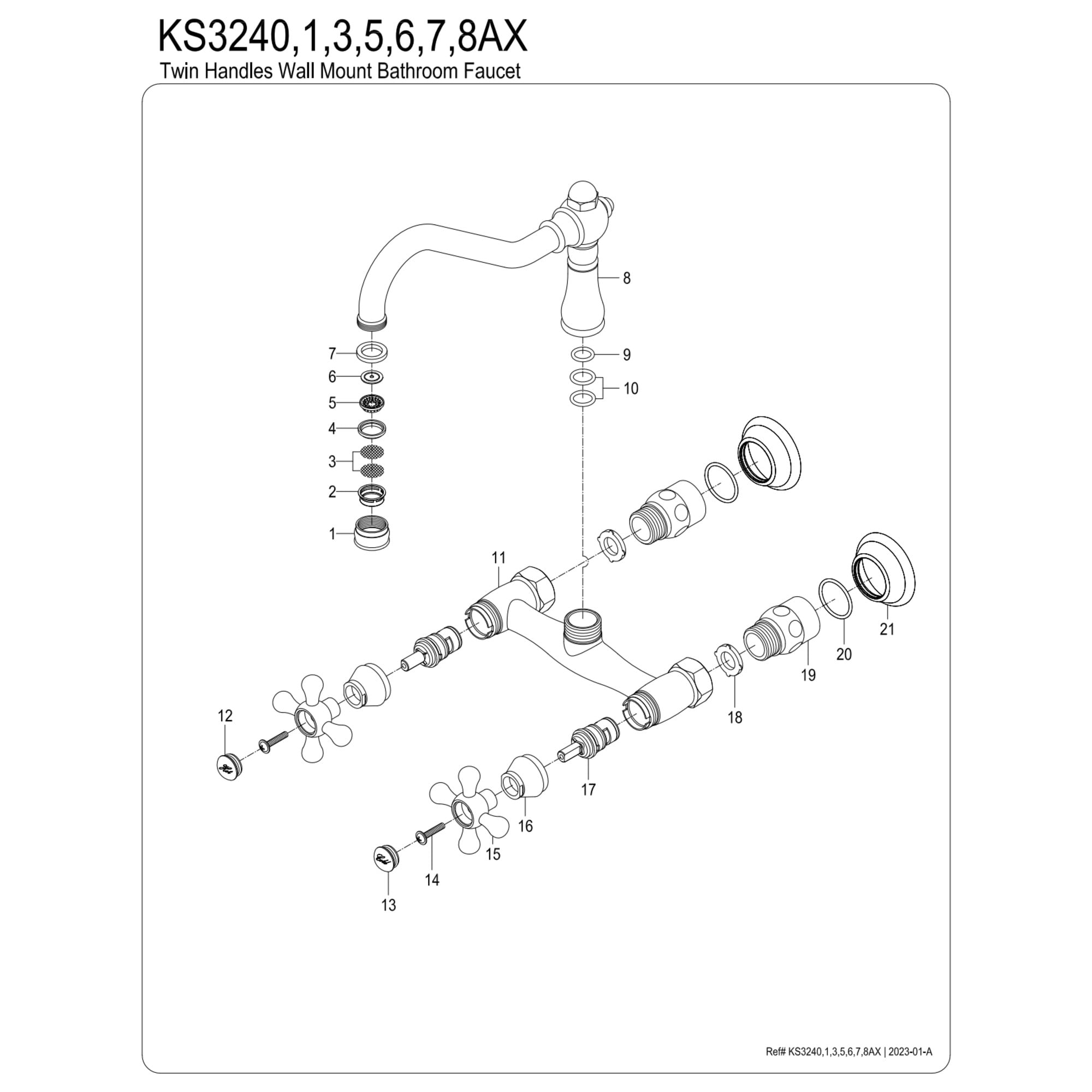 Kingston Brass KS3243AX Vintage Double-Handle Wall Mount Bathroom Faucet, Antique Brass