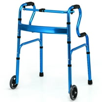 Giantex Aluminum Alloy Folding Walker, Stand-Assist Foldable Walker w/2 Wheels & Bi-Level Armrests, Height Adjustable Mobility Aid, Blue