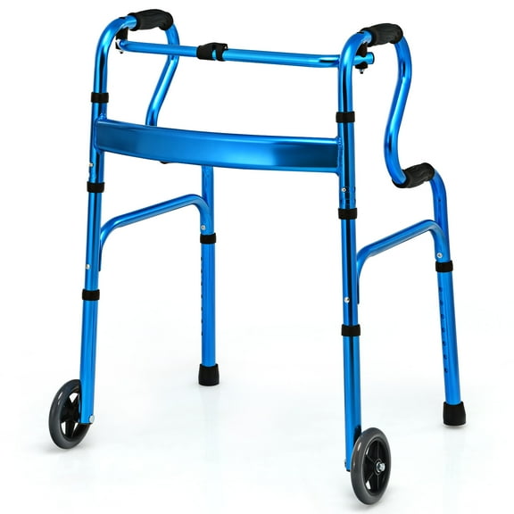 Giantex Aluminum Alloy Folding Walker, Stand-Assist Foldable Walker w/2 Wheels & Bi-Level Armrests, Height Adjustable Mobility Aid, Blue