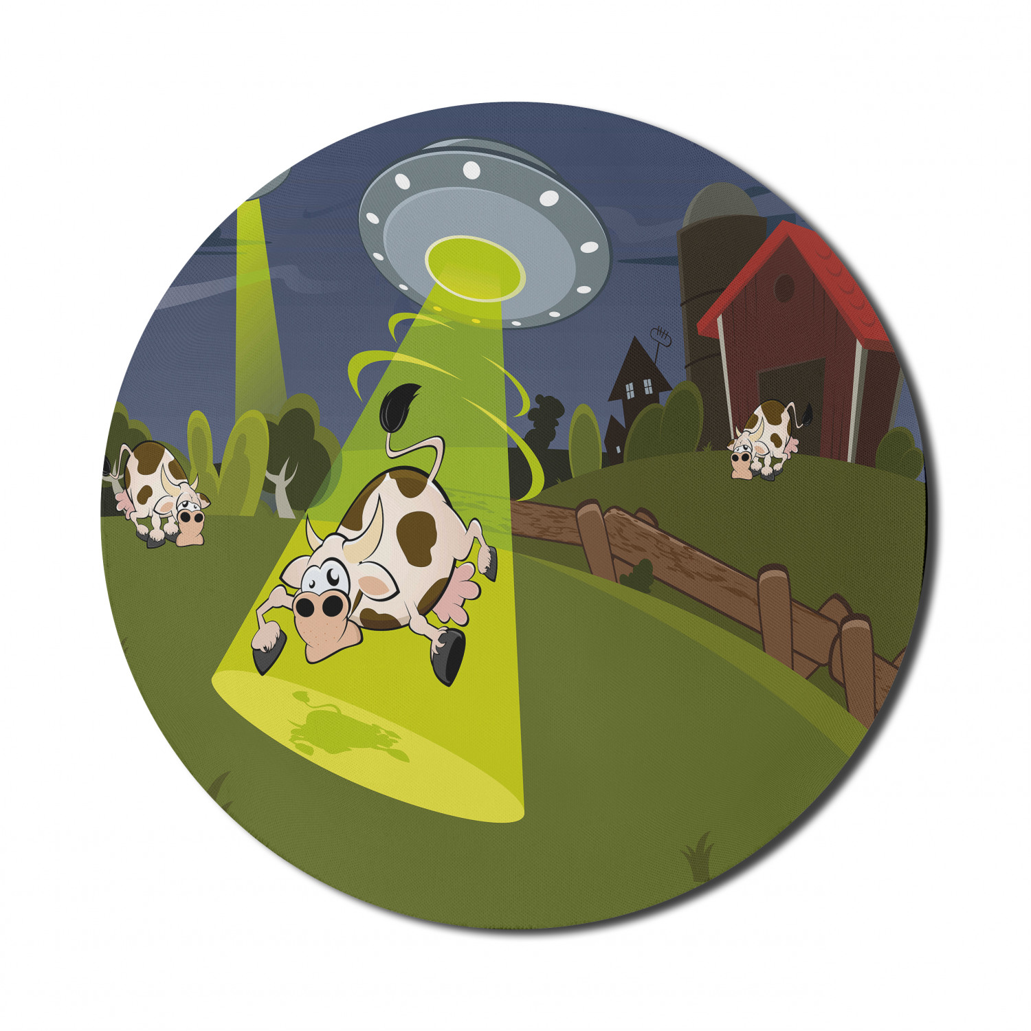 Cartoon Mouse Pad for Computers, Farm Warehouse Grass Fences Cow Alien Abduction Funny Comics Image Artwork Print, Round Non-Slip Thick Rubber Modern Mousepad, 8" Round, Multicolor, by Ambesonne - image 1 of 2