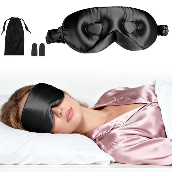 Vocoste 22 Momme Pure Silk Sleep Mask with Travel Pouch 3D Contour Adjustable Blindfold for Side Sleepers Eye Mask Locks Light for Sleeping Black