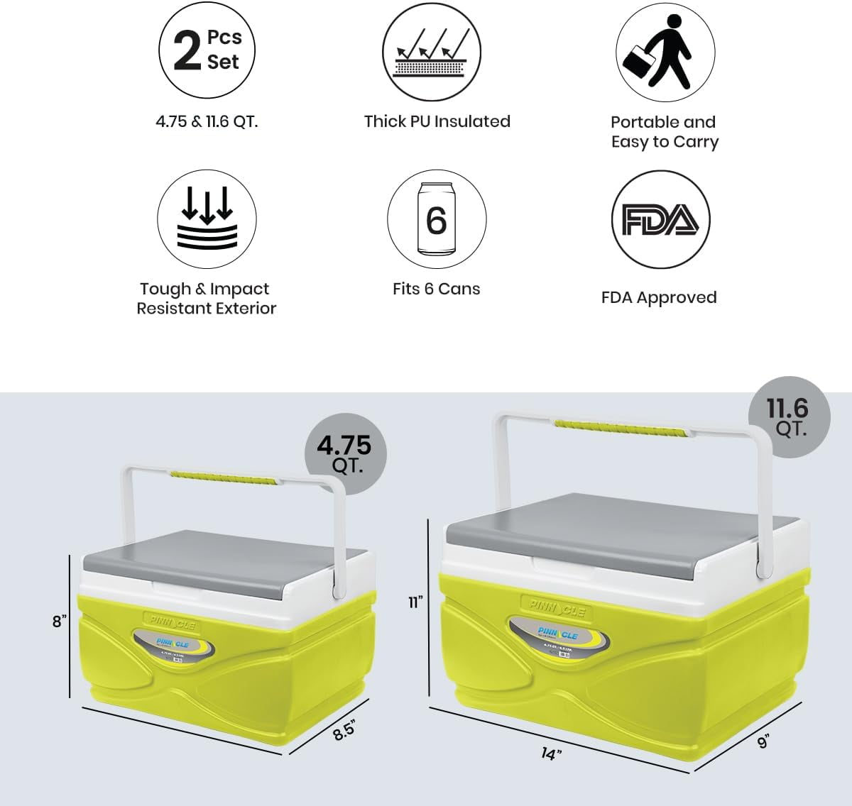 Pinnacle 2-Pack Portable Picnic Cooler 4.5L & 11L Hard Insulated Coolbox, Green