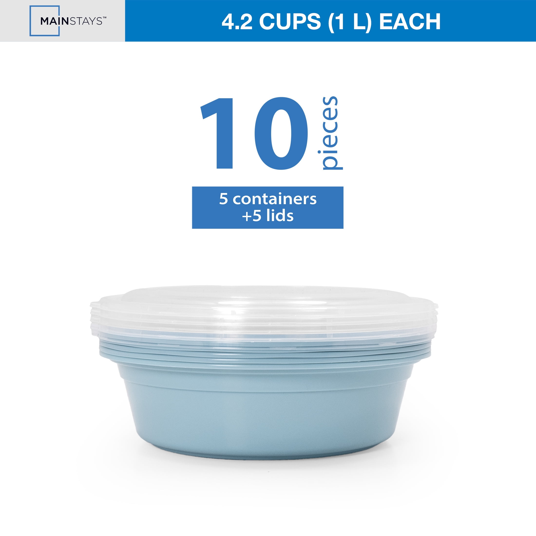 Mainstays 5-Pack Round BPA-Free Plastic Meal Prep Food Storage Containers, 1L, Blue Cameo