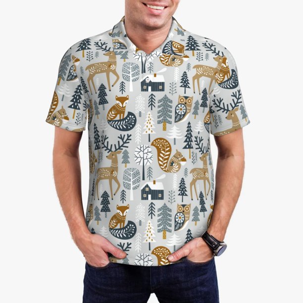 Balery Winter Forest Animals Camisa Polo de Hombre con Estampado, de Manga Corta y Tejido Medio, Camisa Tipo Golf Polo-XX-Large