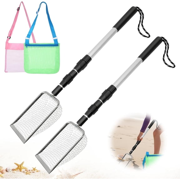 2PCS Shark Teeth Sand Sifters with 2 Seashell Bag, Retractable Beach Sand Scoop for Picking up Shells