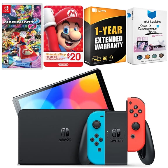 Nintendo Switch Neon Red & Blue OLED Console with Mario Kart 8 Deluxe, Nintendo $20 eShop Gift Card, MightySkins Console and Controller Skin Voucher and 1 Year CPS Extended Warranty