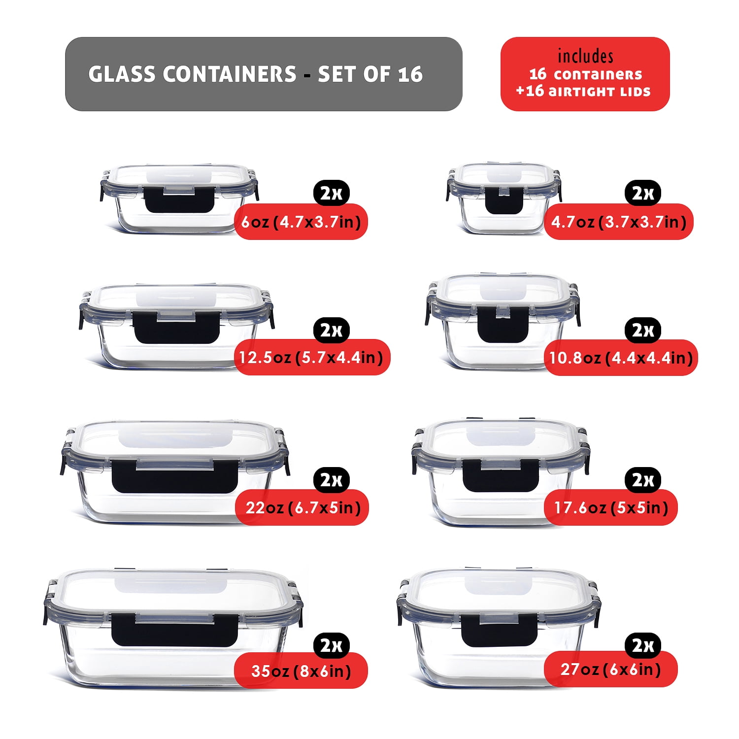 Lammaloe 32 Piece Glass Storage Containers with Lids Airtight, Leakproof, Glass Meal Prep Containers, Oven, Microwave, Freezer Safe