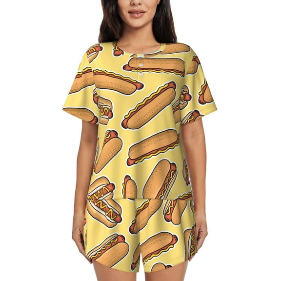Logiee Hot Dogs Print Womens Pajamas Set,Short-Sleeve Pajama 2 Piece Sleepwear with Pockets-Small
